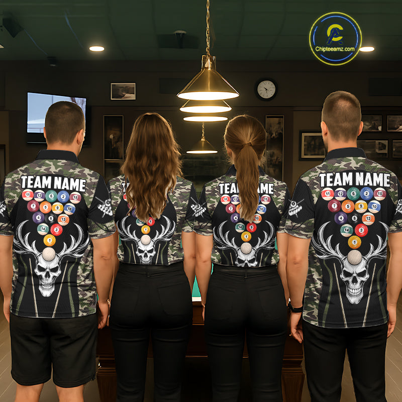 Personalized Green Camo Skull Billiard Shirt For Women, 8 Ball Billiard Team Jersey Polo & 1/4 Zip TDM5993