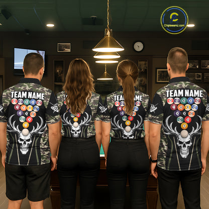 Personalized Green Camo Skull Billiard Shirt For Women, 8 Ball Billiard Team Jersey Polo & 1/4 Zip TDM5993