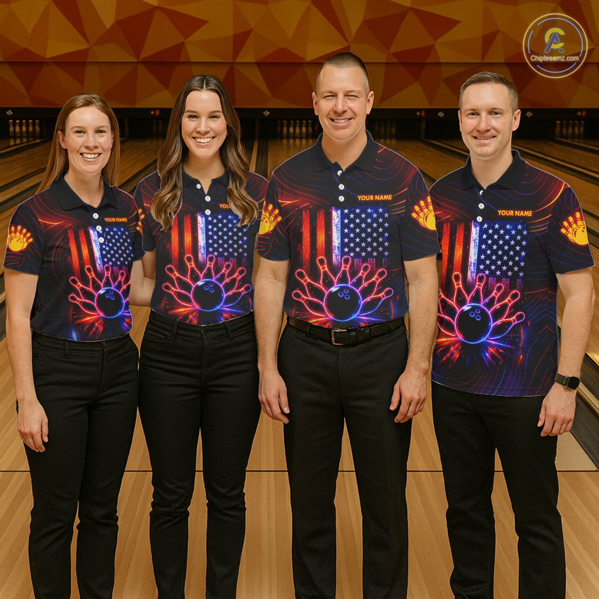 Custom Neon American Flag Bowling Shirt For Women, Patriotic Bowling Team Jersey Polo & 1/4 Zip TDM6221