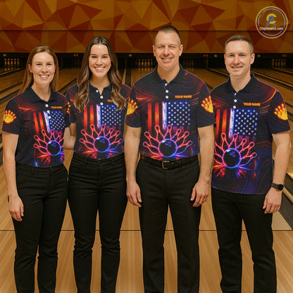 Custom Neon American Flag Bowling Shirt For Women, Patriotic Bowling Team Jersey Polo & 1/4 Zip TDM6221