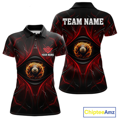 Women’s black and red flame 8 ball eyes pool polo shirt with bold billiard team graphics.