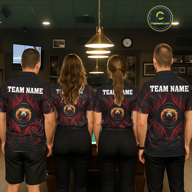 Pool team wearing matching black and red flame billiard jerseys during league play front view.