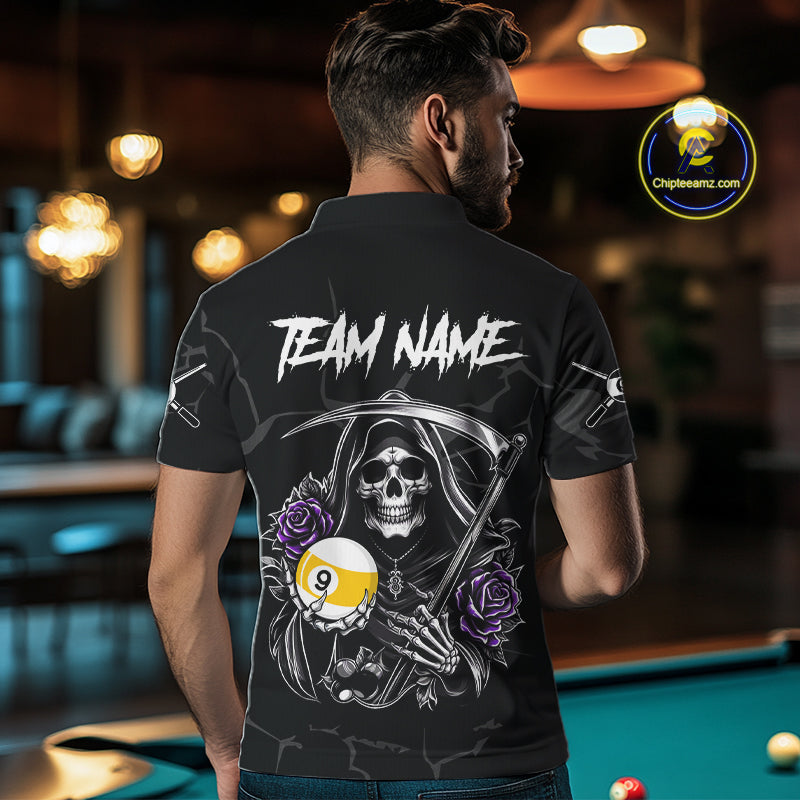 Personalized Purple Funny Skull Roses 9 Ball Billiard Shirt For Men Custom Pool Team Shirt Design TDM4478