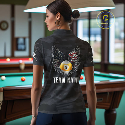 Personalized Camouflage US Flag Billiard Shirt For Women, Funny Patriotic 9 Ball Wings Pool Jersey TDM4479