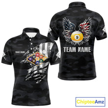 Load image into Gallery viewer, Personalized Camouflage US Flag Billiard Shirt For Men, Funny Patriotic 9 Ball Wings Pool Jersey TDM4479