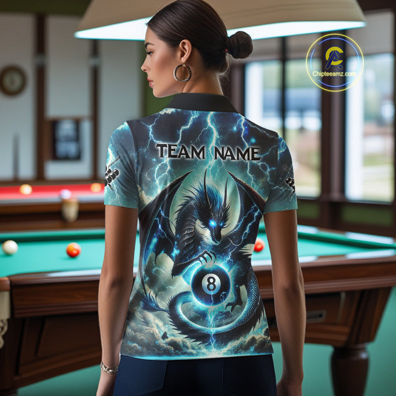 Personalized Thunder Lightning Dragon Billiard Shirt For Women, Blue 8 Ball Pool Team Jersey TDM4480