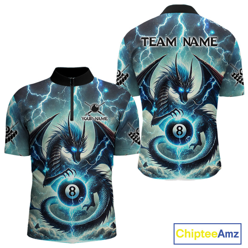 Personalized Thunder Lightning Dragon Billiard Shirt For Men, Blue 8 Ball Pool Team Jersey TDM4480
