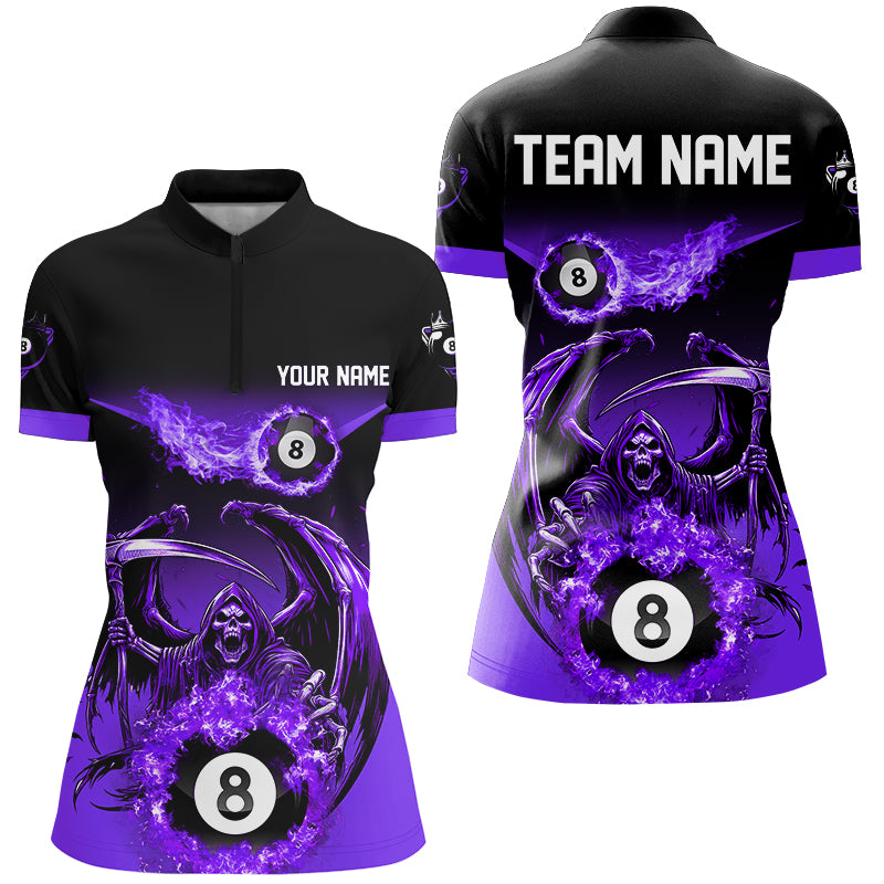 Purple Grim Reaper Flame 8 Ball Pool Billiard Shirts For Women Custom Billiard League Team Jerseys TDM2647