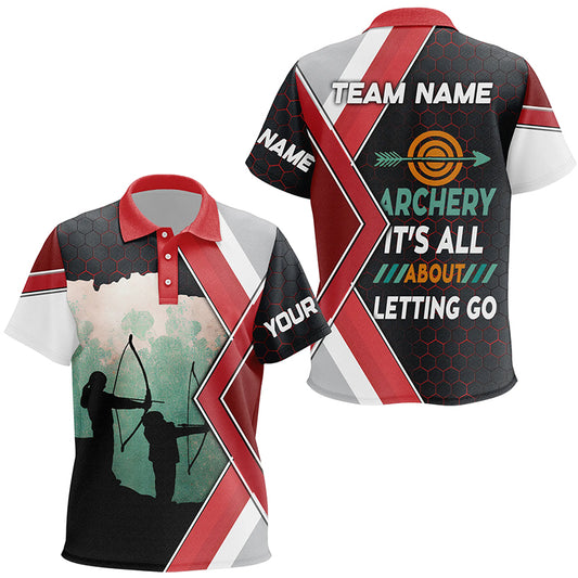 Archery It's All About Letting Go Custom Name Kid Polo Shirts, Funny Bow Archery Jerseys Shirts TDM0472