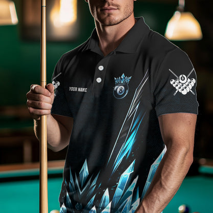 Personalized 3D Blue Icy Funny 8 Ball Pool Crown Men Billiard Polo Shirts Custom Billiard Jerseys TDM1169