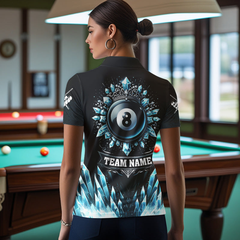 Personalized 3D Blue Icy Funny 8 Ball Pool Crown Women Billiard Polo Shirts Custom Billiard Jerseys TDM1169