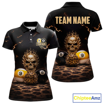 Black And Golden 8 Ball & 9 Ball Skull Billiard Shirt For Women Custom Leopard Pool Team Jersey TDM5997