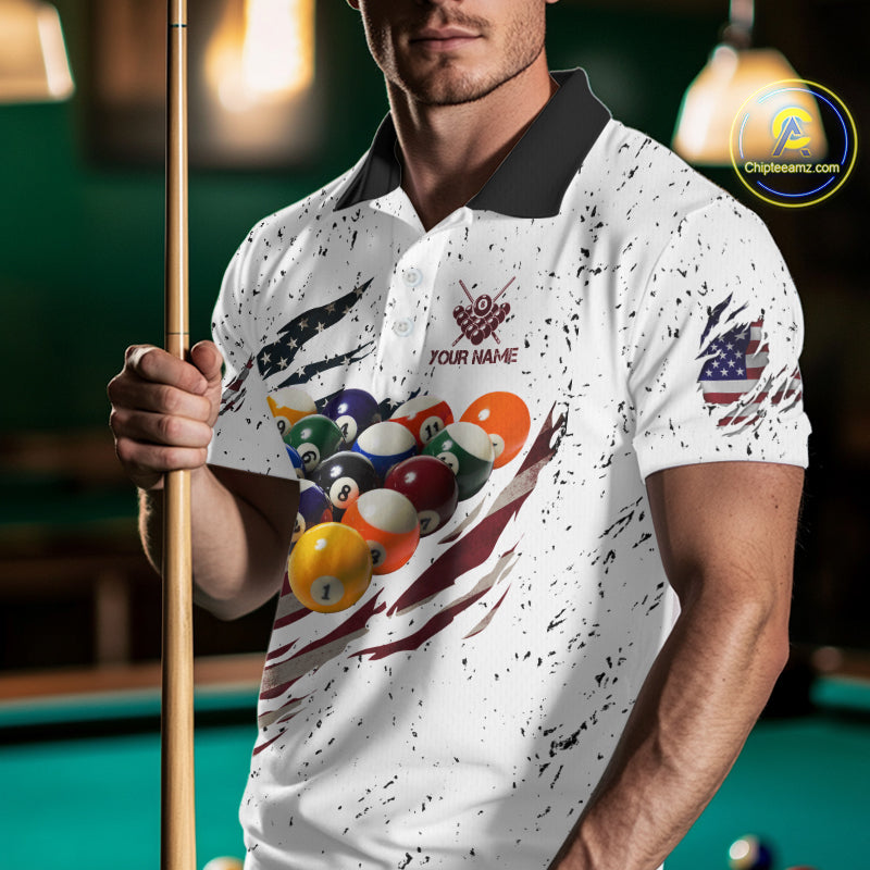 Patriotic American Flag Grunge Billiard Jersey For Men Custom Billiard Shirt Polo & 1/4 Zip |White TDM3819