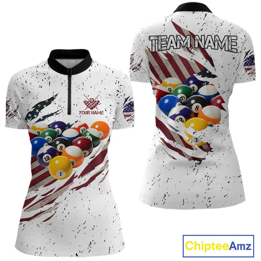 Patriotic American Flag Grunge Billiard Jersey For Women Custom Billiard Shirt Polo & 1/4 Zip |White TDM3819