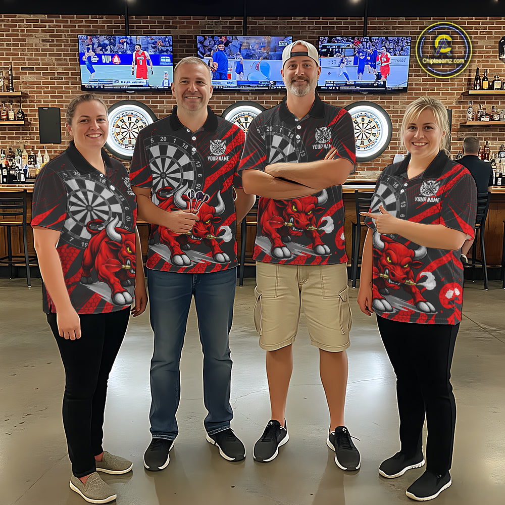 Black And Red Funny Bull Darts Shirt For Men Custom Darts Team Jersey Polo & Quarter Zip Shirt TDM6237