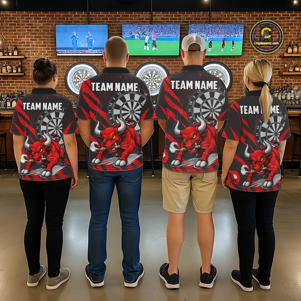 Black And Red Funny Bull Darts Shirt For Men Custom Darts Team Jersey Polo & Quarter Zip Shirt TDM6237