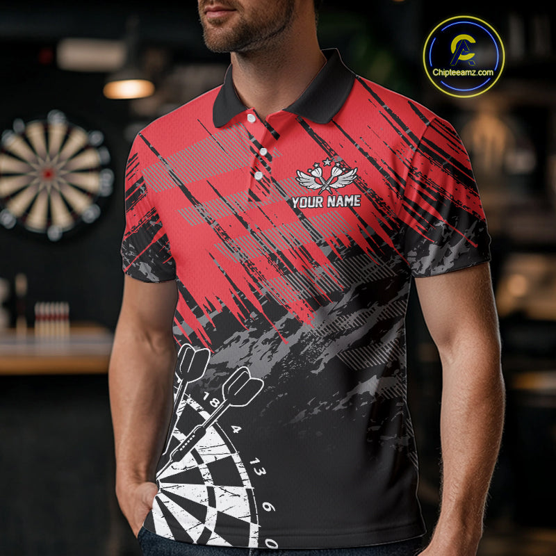 Red Black Grunge Darts Shirts For Men Custom Dart Jersey With Pocket Option TDM4107