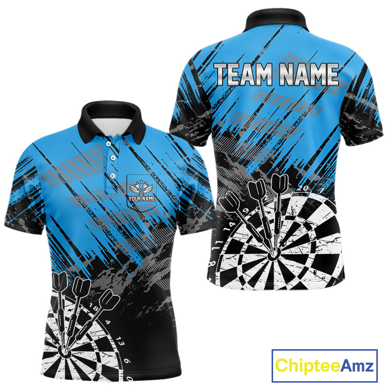 Blue Black Grunge Darts Shirts For Men Custom Dart Jersey With Pocket Option TDM4108