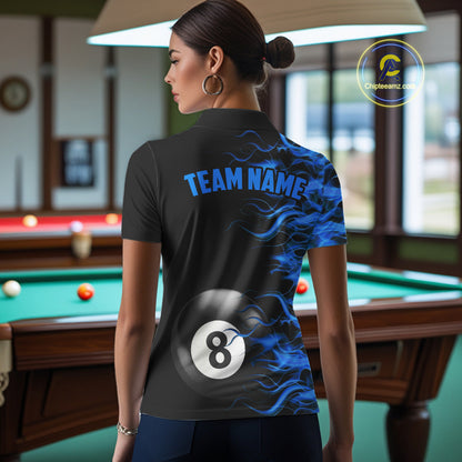 Personalized Blue Flaming 8 Ball Billiard Shirt For Women Custom Pool Team Jersey Polo & 1/4 Zip TDM4712