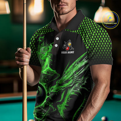 Green 8 Ball & 9 Ball Flame Smoke Custom Dragon Billiard Shirts For Men, Billiard Team Jersey TDM5631