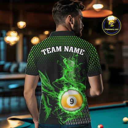 Green 8 Ball & 9 Ball Flame Smoke Custom Dragon Billiard Shirts For Men, Billiard Team Jersey TDM5631
