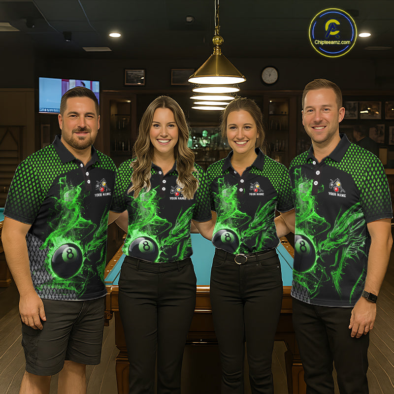 Green 8 Ball & 9 Ball Flame Smoke Custom Dragon Billiard Shirts For Men, Billiard Team Jersey TDM5631