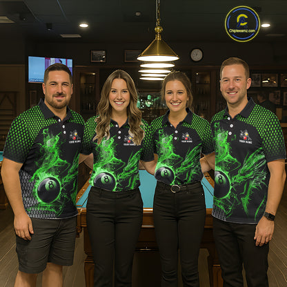 Green 8 Ball & 9 Ball Flame Smoke Custom Dragon Billiard Shirts For Men, Billiard Team Jersey TDM5631