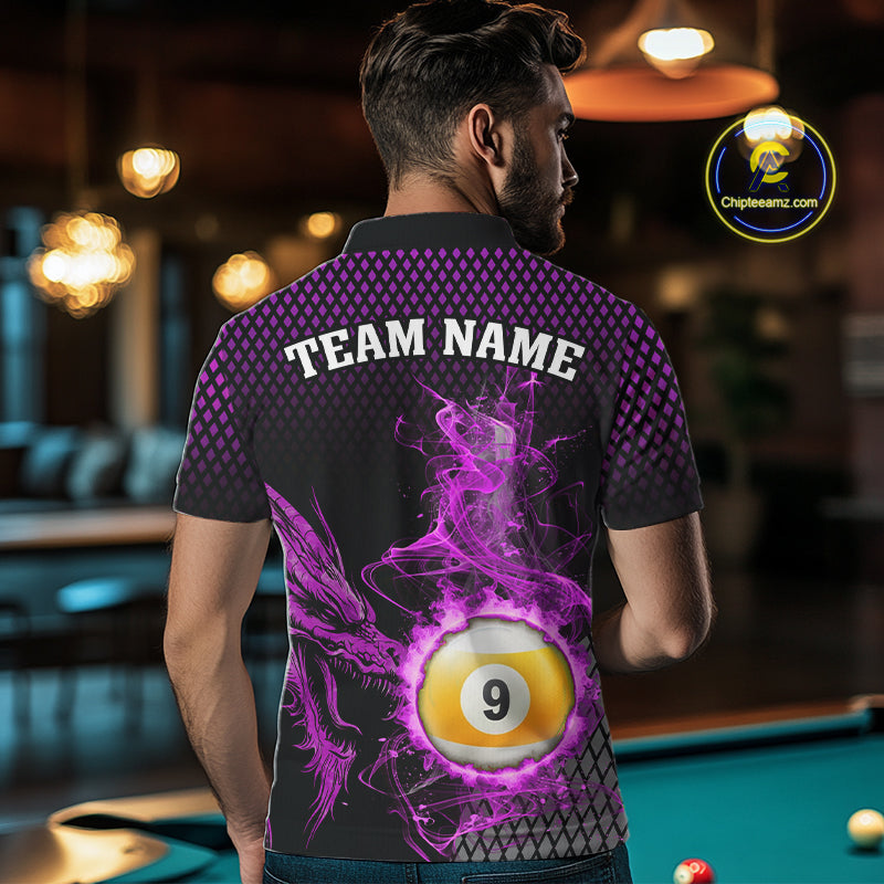 Purple 8 Ball & 9 Ball Flame Smoke Custom Dragon Billiard Shirts For Men, Billiard Team Jersey TDM5632