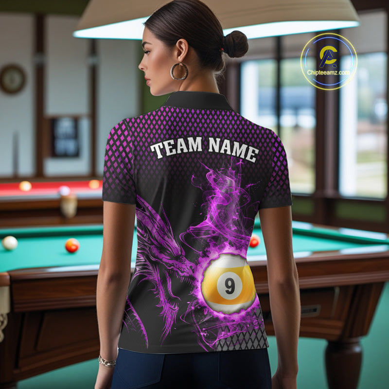 Purple 8 Ball & 9 Ball Flame Smoke Custom Dragon Billiard Shirts For Women, Billiard Team Jersey TDM5632