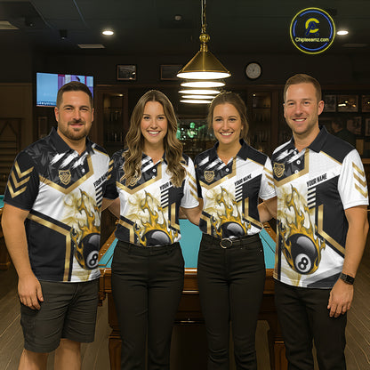 Gold 8 Ball Pool Fire Flame Smoke Custom Billiard Shirts For Men, Billiard Jerseys Team Uniform TDM5848