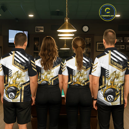 Gold 8 Ball Pool Fire Flame Smoke Custom Billiard Shirts For Men, Billiard Jerseys Team Uniform TDM5848
