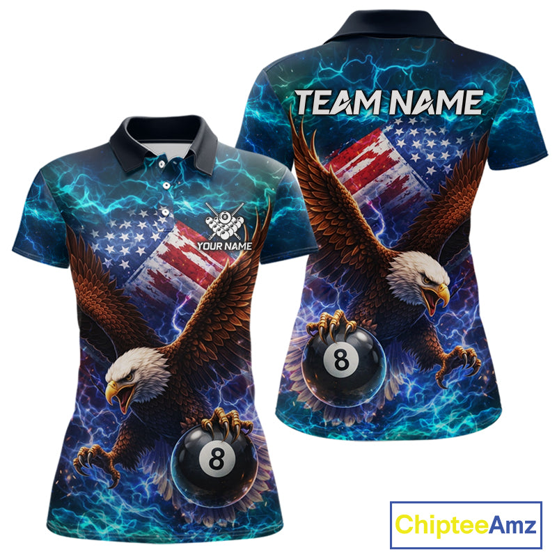 Personalized 8 Ball US Flag Eagle Lightning Billiard Shirt For Women, Patriotic Billiard Team Jersey TDM5850