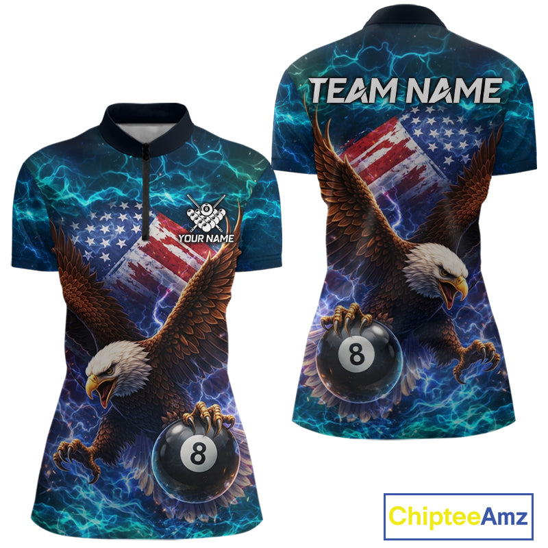 Personalized 8 Ball US Flag Eagle Lightning Billiard Shirt For Women, Patriotic Billiard Team Jersey TDM5850