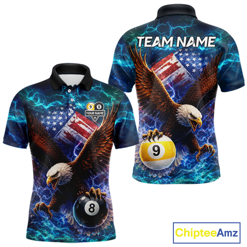 American Flag 8 & 9 Ball Eagle Lightning Billiard Shirt For Men Custom Patriotic Pool Team Jersey TDM5851