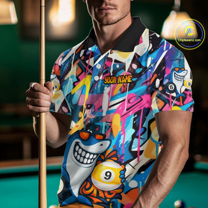 Funny Shark Colorful Graffiti Style Custom 8 & 9 Ball Billiard Shirt For Men, Billiard Team Jersey TDM5852