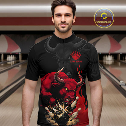 Black And Red Funny Bull Bowling Shirt For Men Custom Bowling Team Jersey Polo & Quarter Zip TDM6242