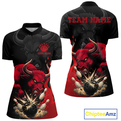 Black And Red Funny Bull Bowling Shirt For Women Custom Bowling Team Jersey Polo & Quarter Zip TDM6242
