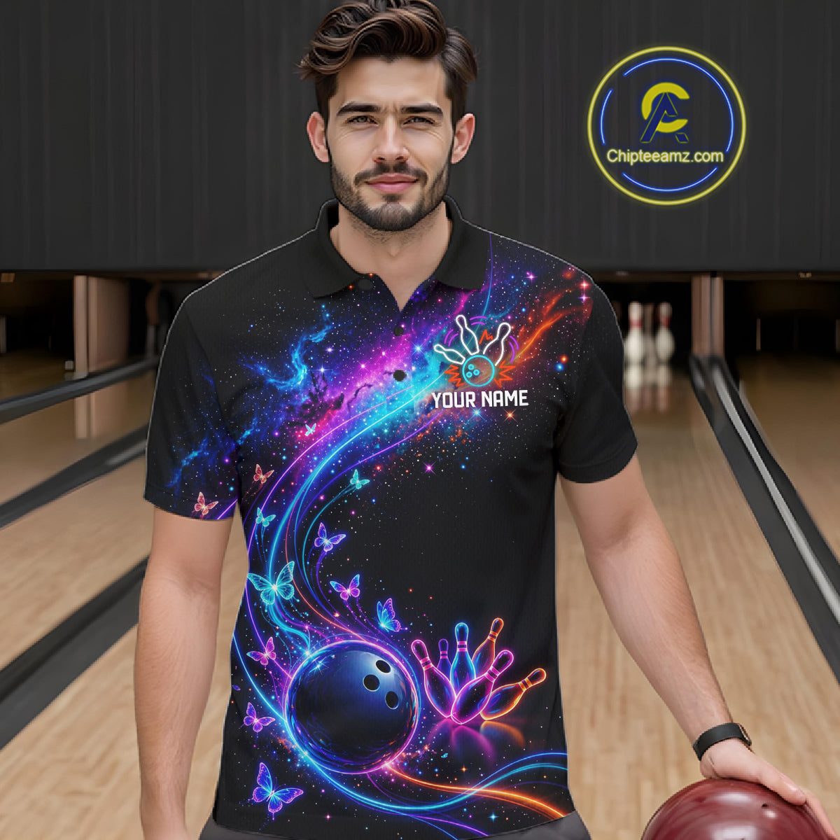 Personalized Galaxy Butterfly Bowling Shirt For Men Custom Bowling Jersey Team Polo & 1/4 Zip TDM6463