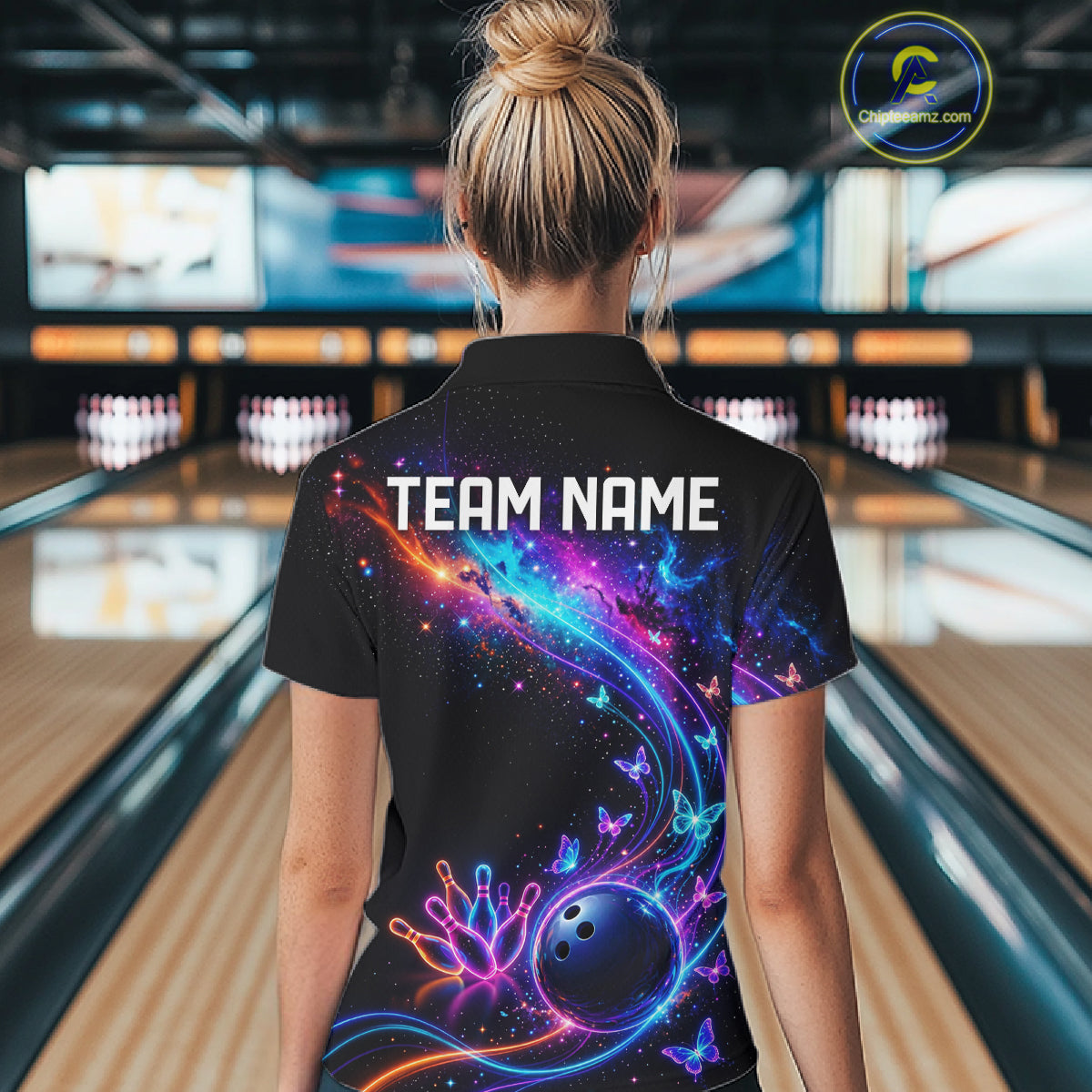 Personalized Galaxy Butterfly Bowling Shirt For Women Custom Bowling Jersey Team Polo & 1/4 Zip TDM6463