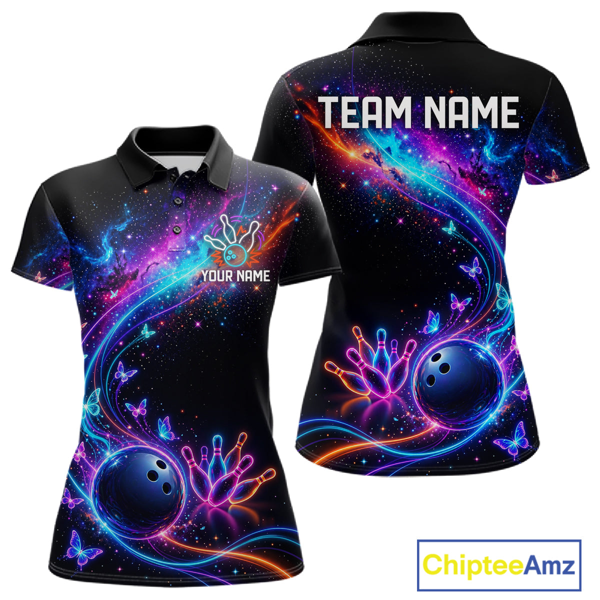 Personalized Galaxy Butterfly Bowling Shirt For Women Custom Bowling Jersey Team Polo & 1/4 Zip TDM6463
