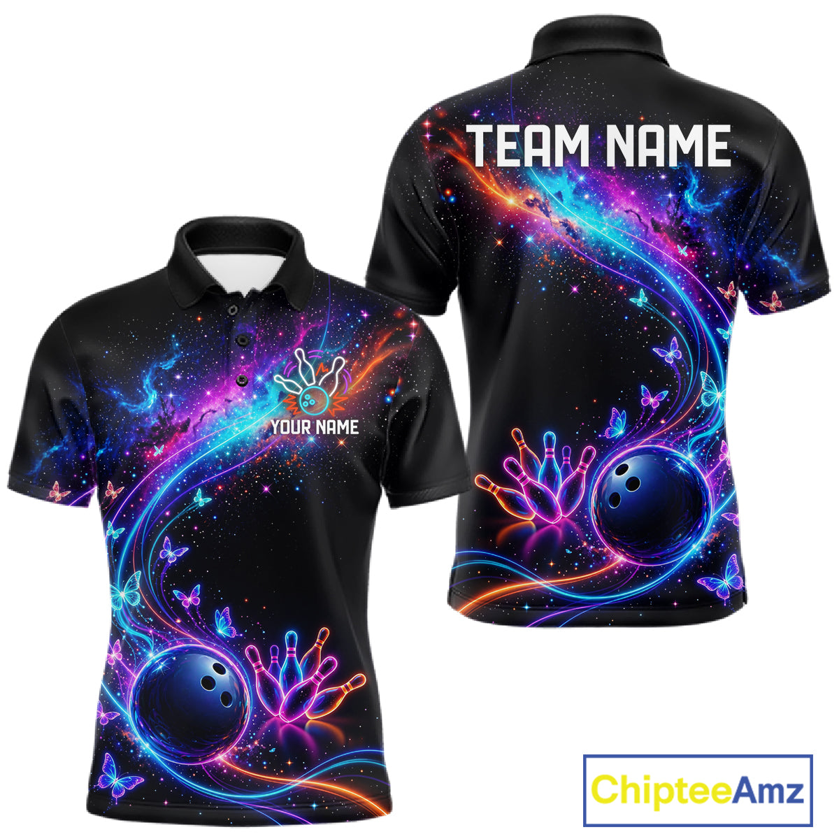 Personalized Galaxy Butterfly Bowling Shirt For Men Custom Bowling Jersey Team Polo & 1/4 Zip TDM6463