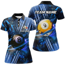 Load image into Gallery viewer, Billiard 8 Ball &amp; 9 Ball Glowing Blue Custom Women Polo &amp; Quarter-Zip Shirt, Billiard Apparel Attire TDM1732