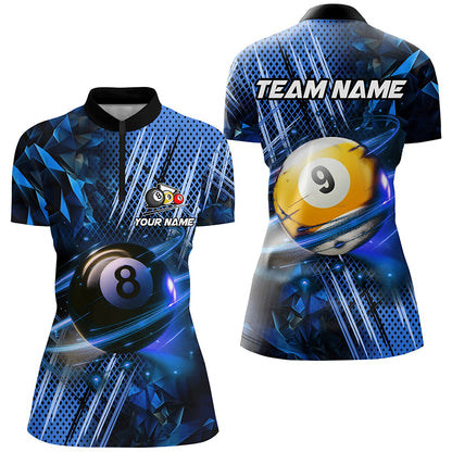 Billiard 8 Ball & 9 Ball Glowing Blue Custom Women Polo & Quarter-Zip Shirt, Billiard Apparel Attire TDM1732