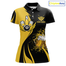 Load image into Gallery viewer, Yellow and black 8 ball billiard polo shirt for women with funny beer themed graphics and casual league style.