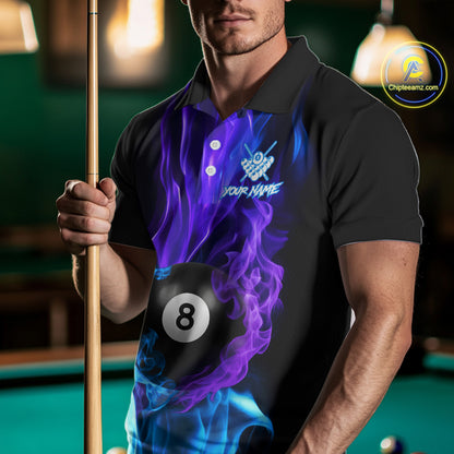 Purple Blue Flaming Smoke 8 Ball Billiard Shirts For Men, Pool Team Shirts Custom Billiard Jersey TDM5141