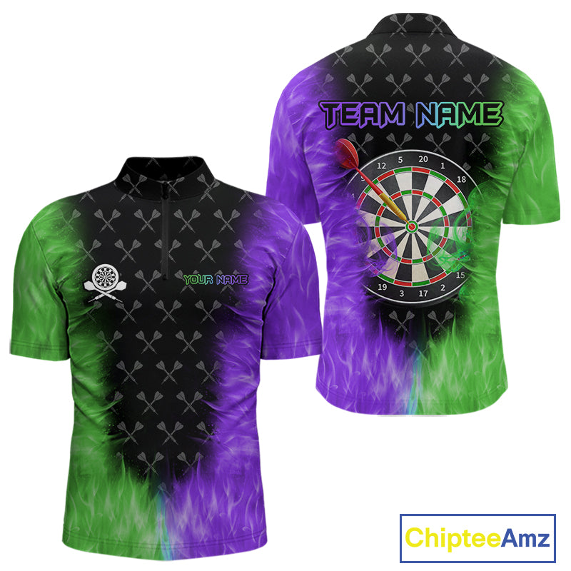 Green And Purple Flame Mens Dart Shirts Custom Dart Jersey Polo & 1/4 Zip, Gifts For Dart Players TDM5145