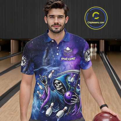 Funny Grim Reaper Blue Purple Galaxy Bowling Shirt For Men Custom Glowing Bowling Jersey Outfit TDM5862