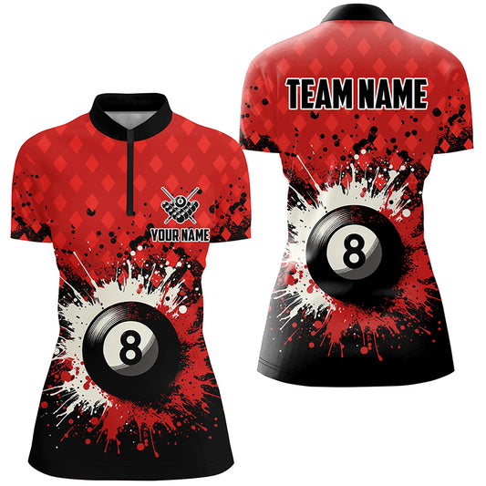 Personalized Red Grunge 8 Ball Pool Women Quarter-Zip Shirts, Billiard Team Jerseys Uniform TDM1183