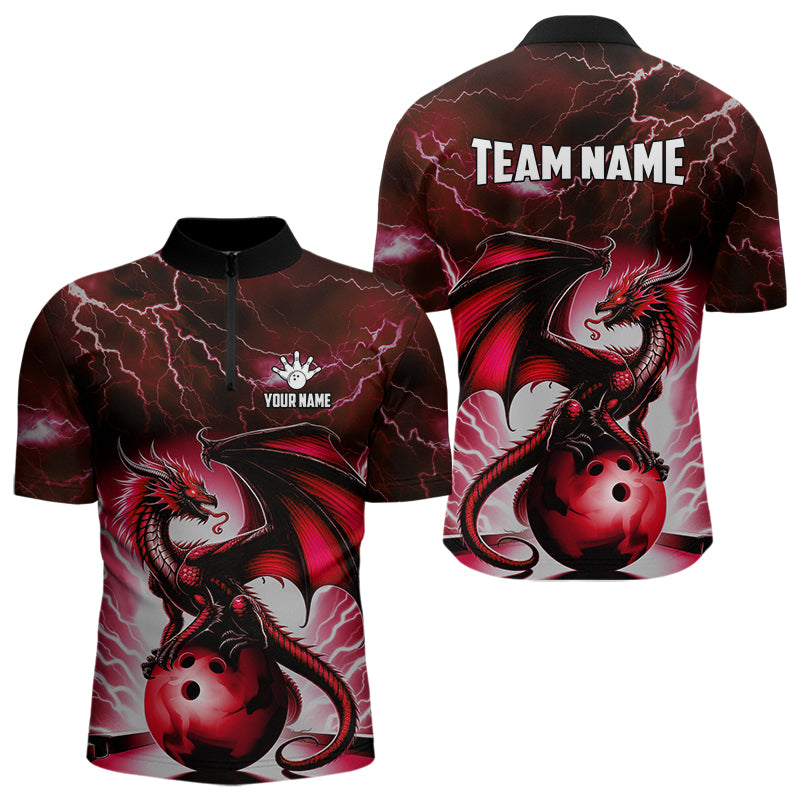 Red Thunder Lightning Custom Dragon Bowling Shirts For Men, Bowling Team Jerseys Polo & 1/4 Zip TDM3679
