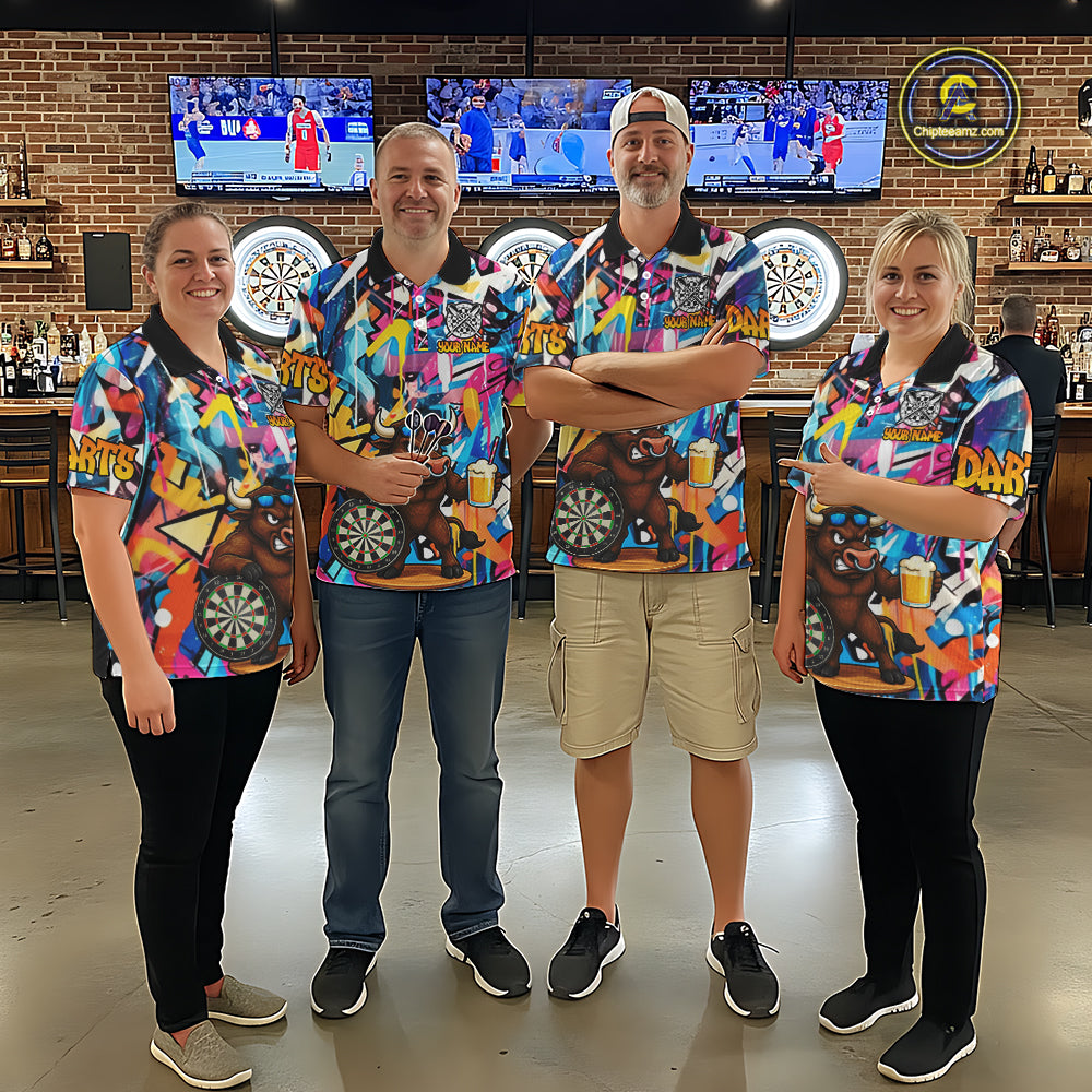 Funny Bull Colorful Graffiti Darts Shirt For Women Custom Darts Team Jersey Polo & 1/4 Zip TDM6465